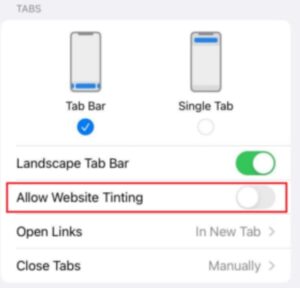 Disable website tinting 